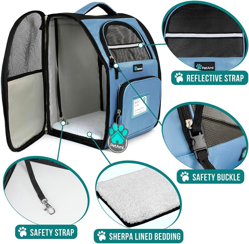 PetAmi Dog Backpack Carrier for Small Large Cat, Pet, Puppy, Ventilated Pet Hiking Backpack Travel Bag, Airline Approved Cat Backpack Carrier, Camping Biking Dog Bag Up to 18lbs Pet, Light Blue