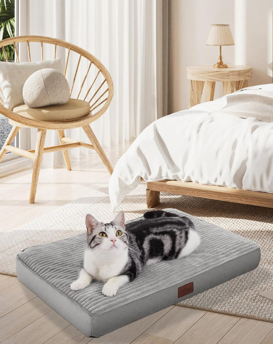OhGeni Orthopedic Waterproof & Machine Washable Dog Bed for Small Pets, Suitable for Crates, Cat Mat with 25D Egg Crate Foam, Non-Slip Bottom & Removable Cover, Invisible Zipper, 24 Inches(Gray)