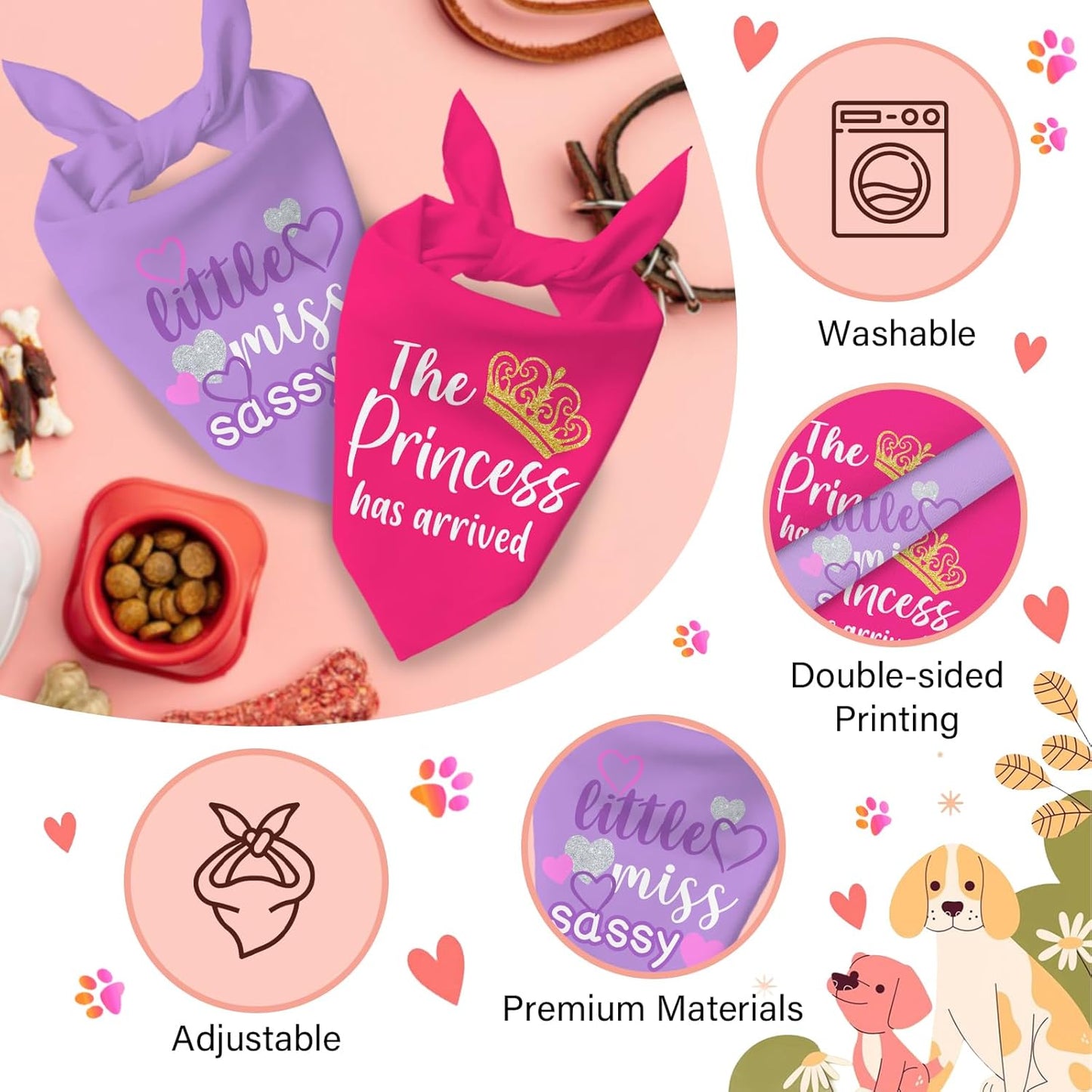 Puppy Bandana 2 Pcs, Princess Sassy Pet Scarf Gifts for Dog Girl, Pink Purple Cute Puppy Bandana for Medium to Large Pet Dogs On Birthday, Cute Girl Dog Scarf Kerchief, Gifts for Dogs Lovers