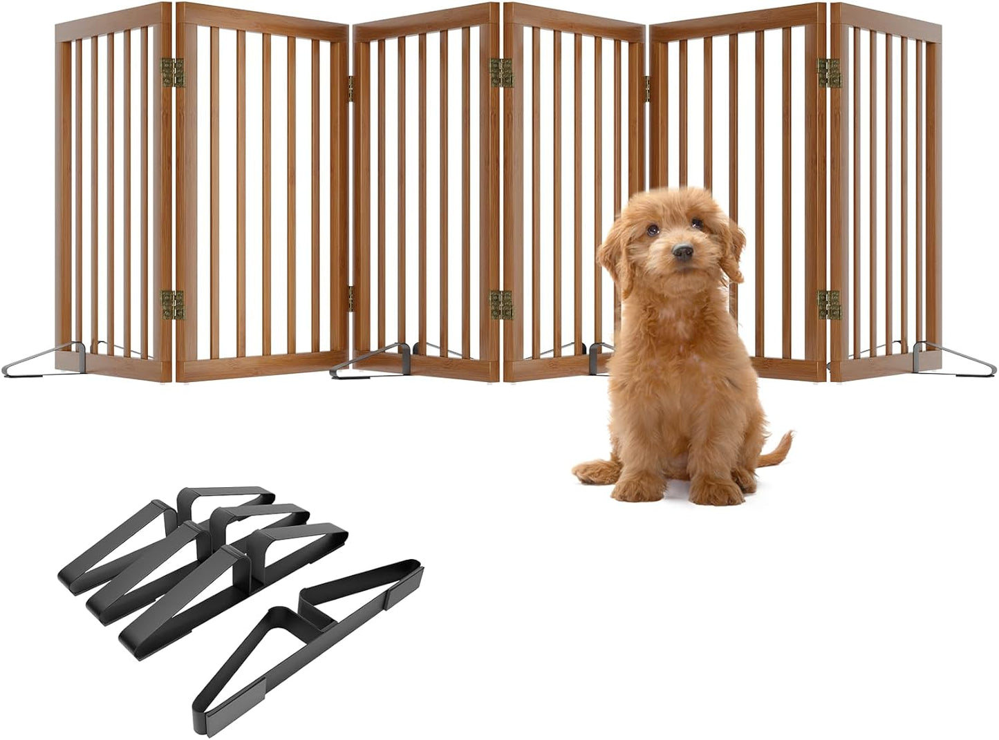 Freestanding Pet Gate Foldable Dog Gate (110 inches Wide) Walnut Bamboo Dog Gates for Stair Doorways House Puppy Fences Indoor (4 Support Feet Included)