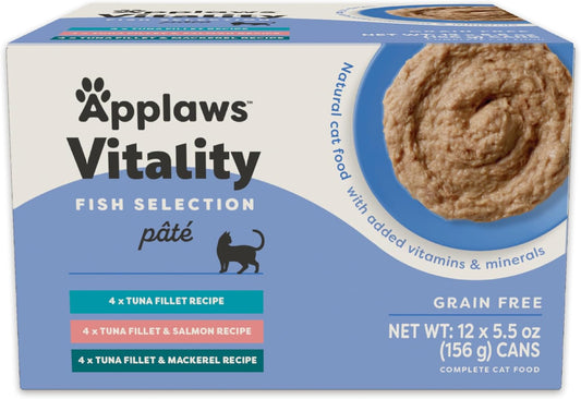Applaws Vitality Wet Cat Food Paté, Natural Canned Cat Food, Wet Food for Cats with Added Vitamins and Minerals, Grain Free, Carrageenan Free, Fish Variety Selection Paté (12 Count, 5.5 oz Cans)