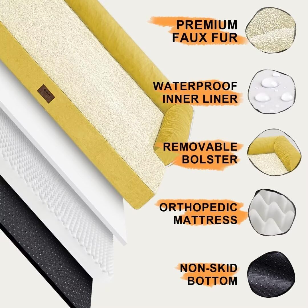 Large Dog Bed Orthopedic Washable - Couch Sofa - XL Large Big Dogs - Beds Bolster Pet - Memory Foam - Waterproof with Removable Cover - Ginger Yellow Dog Bed