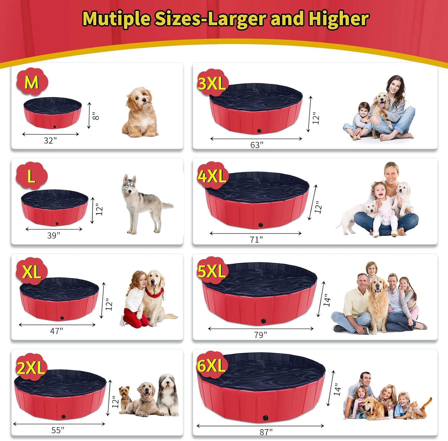 Foldable Dog Pool, 47" x 12" Kiddie Pool with Hard Plastic, Non-Slip Dog Bath Tub for Outdoor Backyard, Collapsible Dog Swimming Pool for Kids Dogs Pets (Red)