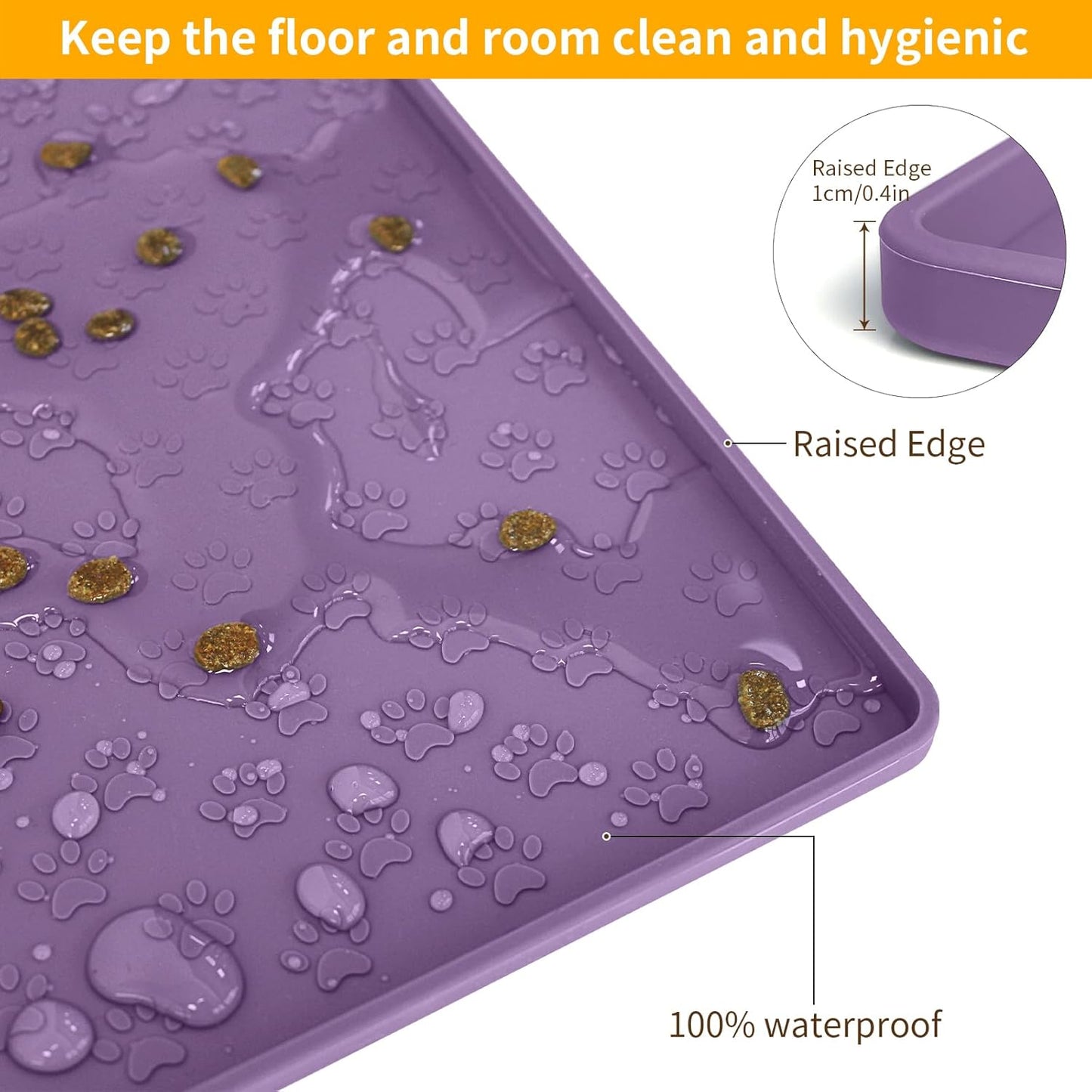 Ptlom Silicone Dog Food Mat Waterproof Pet Feeding Mat with High-Lips, Anti-Slip Dog Bowl Mat for Food & Water, Non-Spill Puppy Feeding Tray for Small, Medium & Large Dogs and Cats, Purple