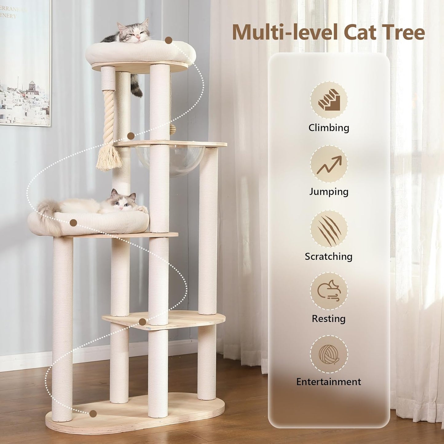 59" Modern Cat Tree Multi-Level Large Cat Tower Heavy Duty Cat Tree with Hammock,Cotton Scratching Post and Washable Cushions