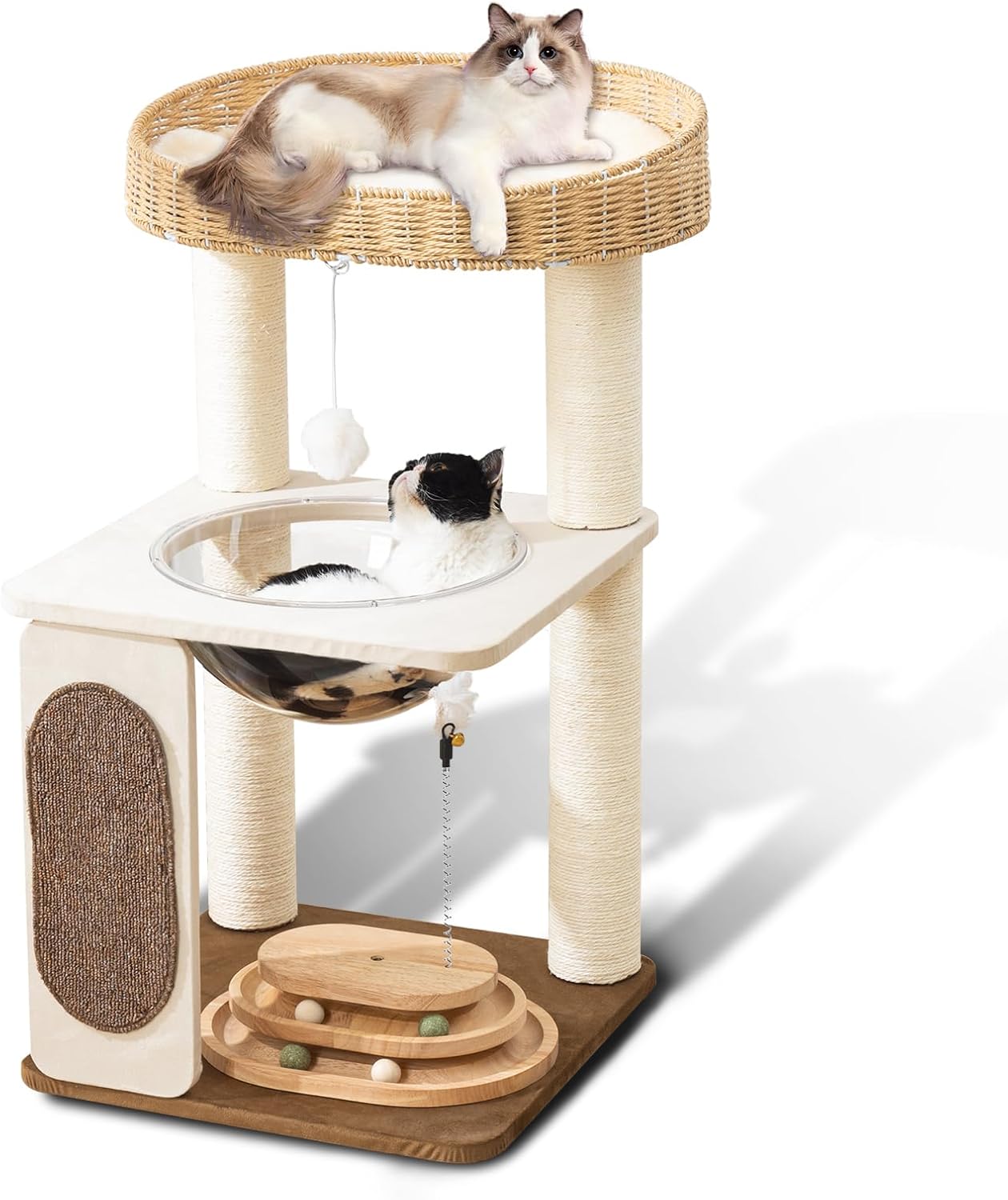 Modern Cat Tree for Indoor Cats with Sisal Rope Scratching Posts, Hand-Woven Cat Condo & Top Perch, Space Capsule Cats Nest, Cute Cat Tree with Interactive Cat Toy