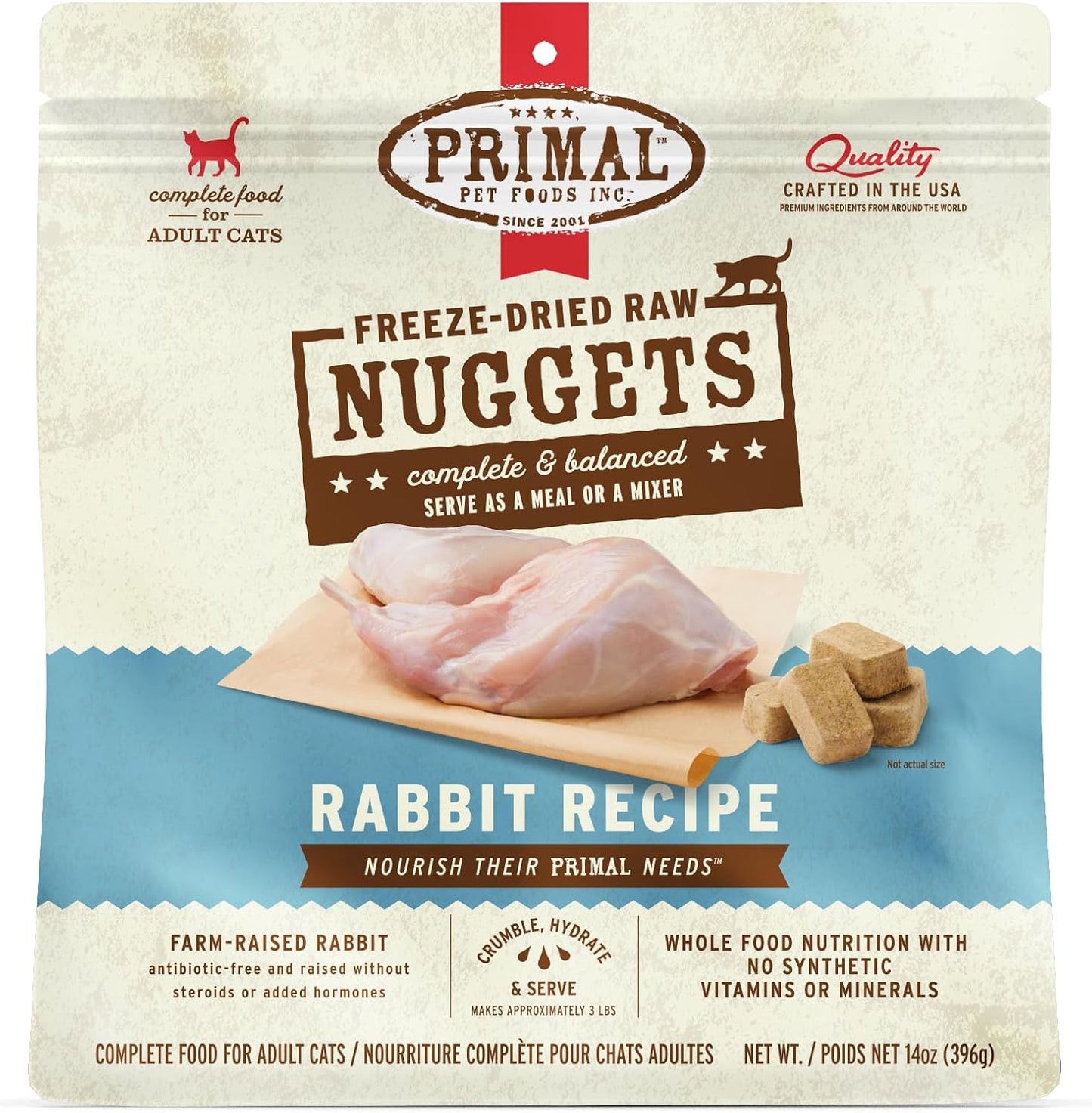 Primal Freeze Dried Raw Cat Food Nuggets Rabbit, Complete & Balanced Meal or Topper, Premium, Healthy, Grain Free, High Protein Raw Cat Food with Probiotics (14 oz)