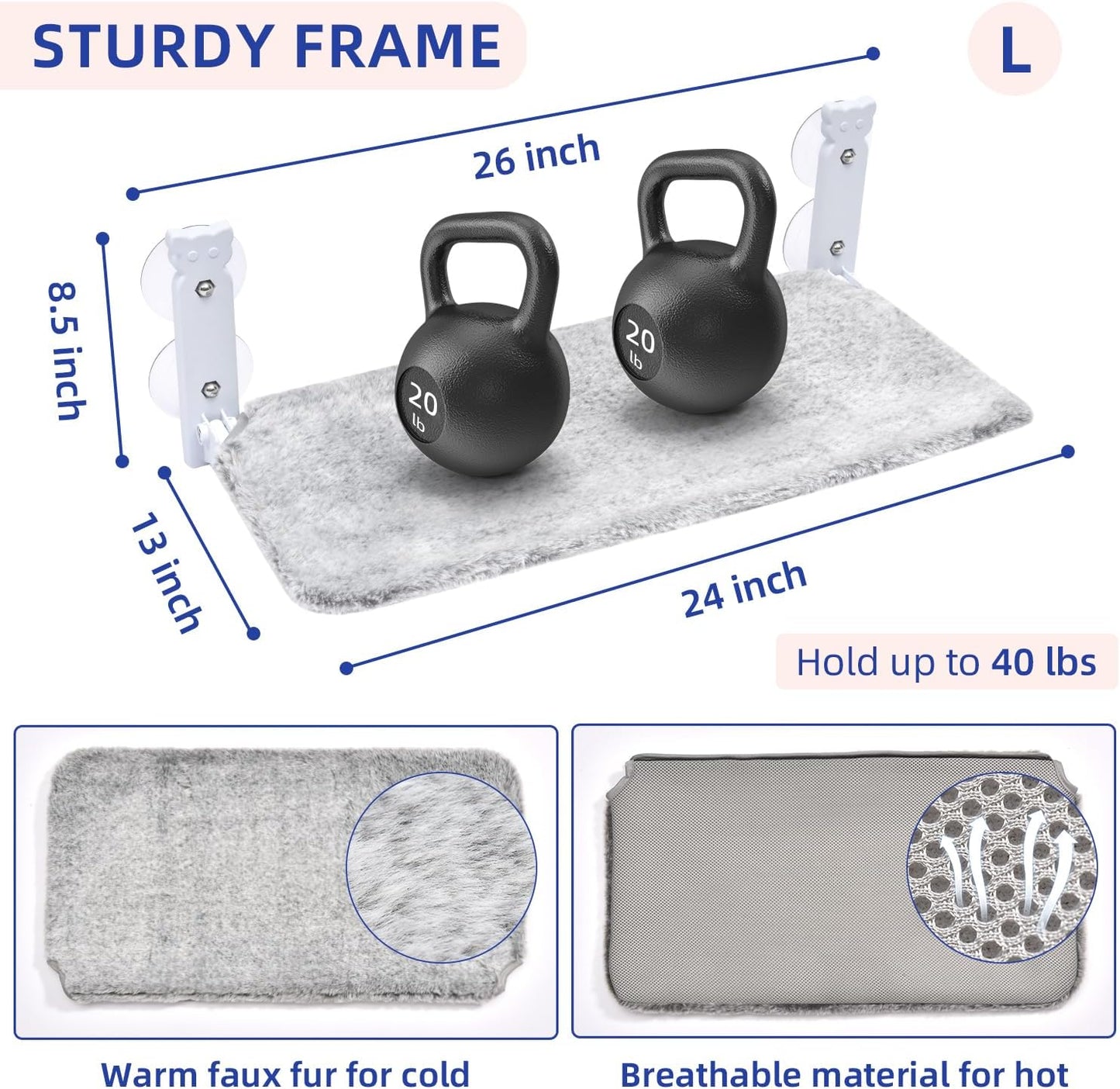 pettycare Cat Window Perch, Cordless Cat Window Hammock Bed with 4 Strong Suction Cups, Foldable Kitten Balcony Seat for Inside Hold Up to 40lbs, Solid Metal Frame and Soft Reversible 2 Fabrics Cover