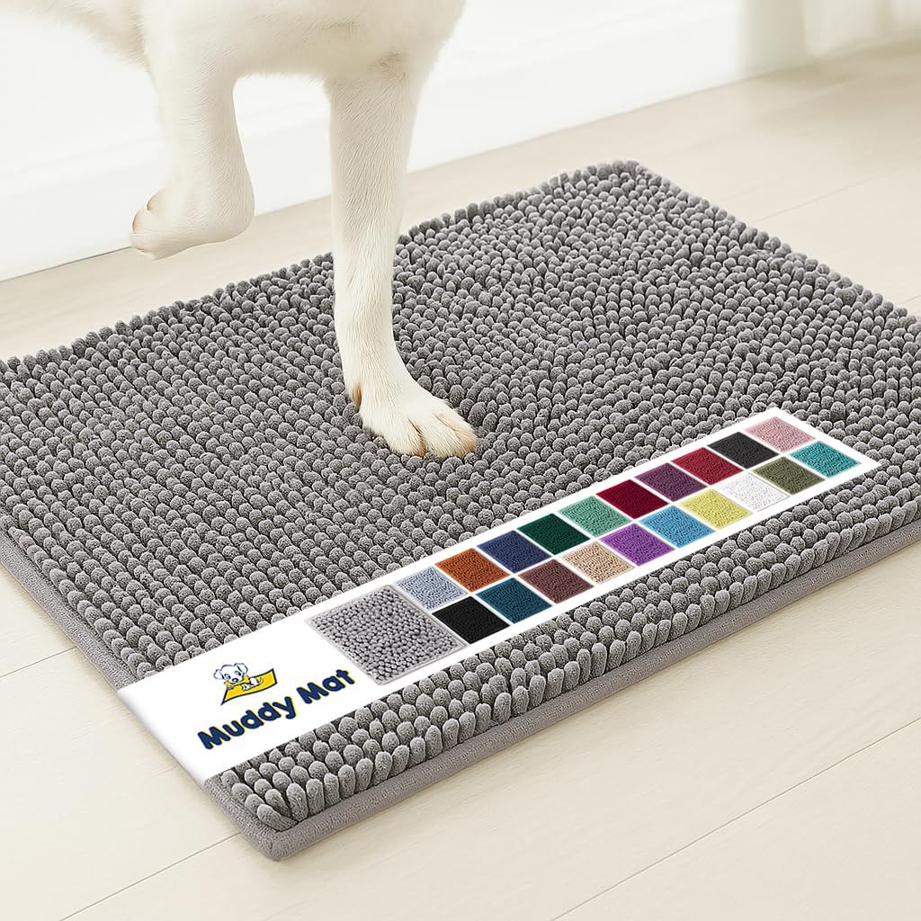 Muddy Mat® Original Dog Door Mat for Muddy Paws, Super Absorbent Microfiber, Non-Slip Washable Pet Rug, Quick Dry Chenille Entryway Carpet, Machine Washable Indoor Outdoor mat, Grey 24"x96"