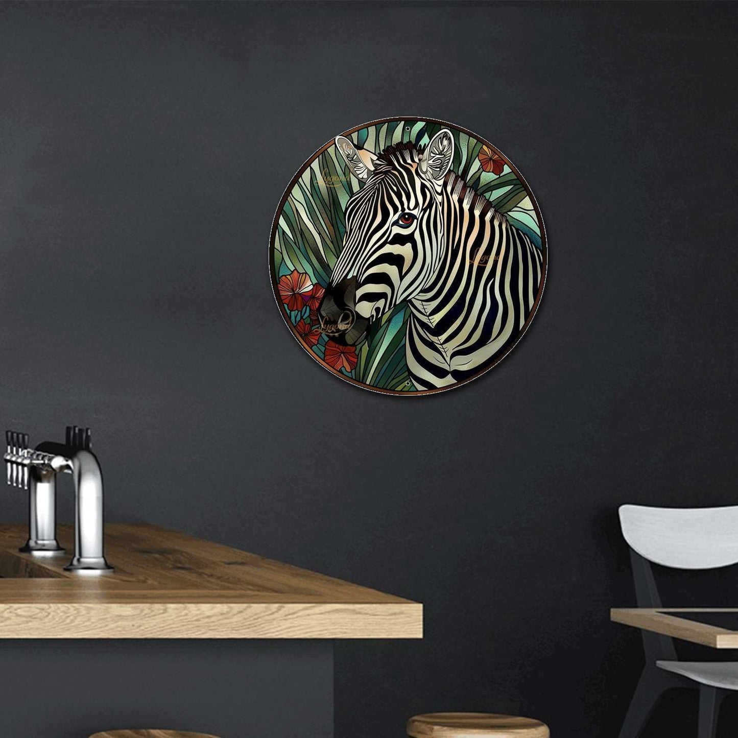 Lygond Metal Sign Tin Sign Circular Stained Glass Zebra Funny Bathroom Wall Decor for Gift 8×8 Inches