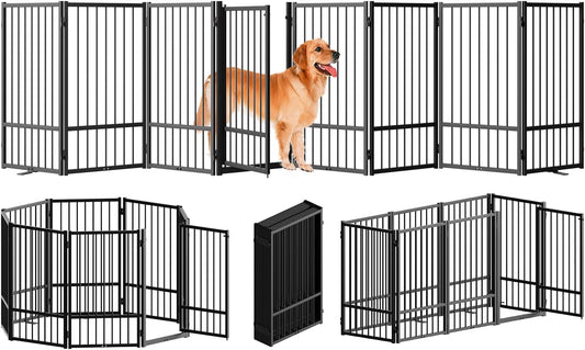 Full Metal Freestanding Dog Gate with Door, 32''Height Foldable Pet Dog Fence for Indoor & Outdoor, 8 Panels Extra Wide Free Standing TallDog Gates for Doorways,House,Stairs,Porch,Deck,Yard