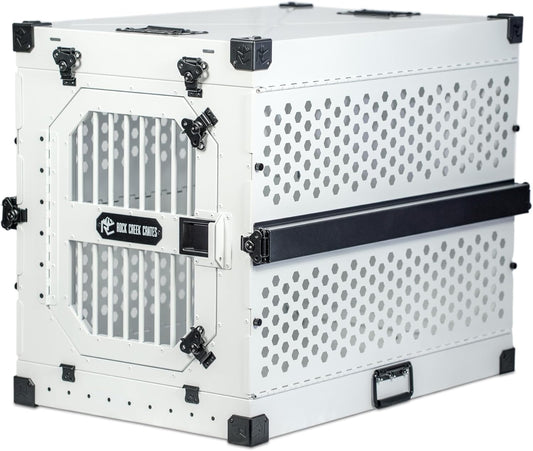 ROCK CREEK CRATES Collapsible Dog Crate: Meticulously Engineered, Durable Aluminum Construction, Non Slip Feet | 10 Year Warranty | Ideal for Indoor & Vehicle Use (White Snowfall, 30 Inch)