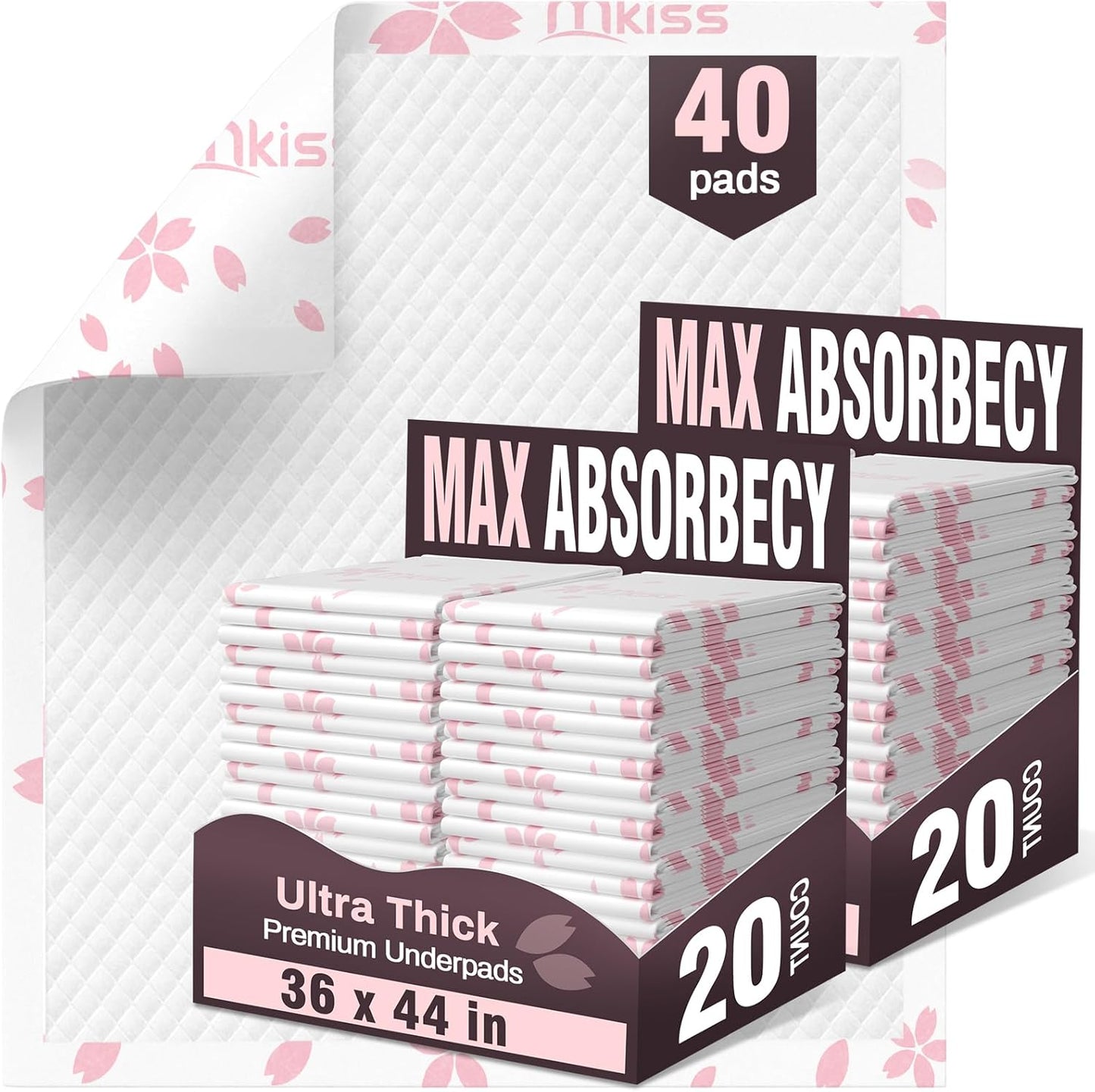 MKISS Heavy Duty Incontinence Underpads, 36" x 44", 40 Count-Super Absorbent Disposable Bed Pads, Tear-Resistant Chucks Pads for Adults, Kids, Elderly and Home Care