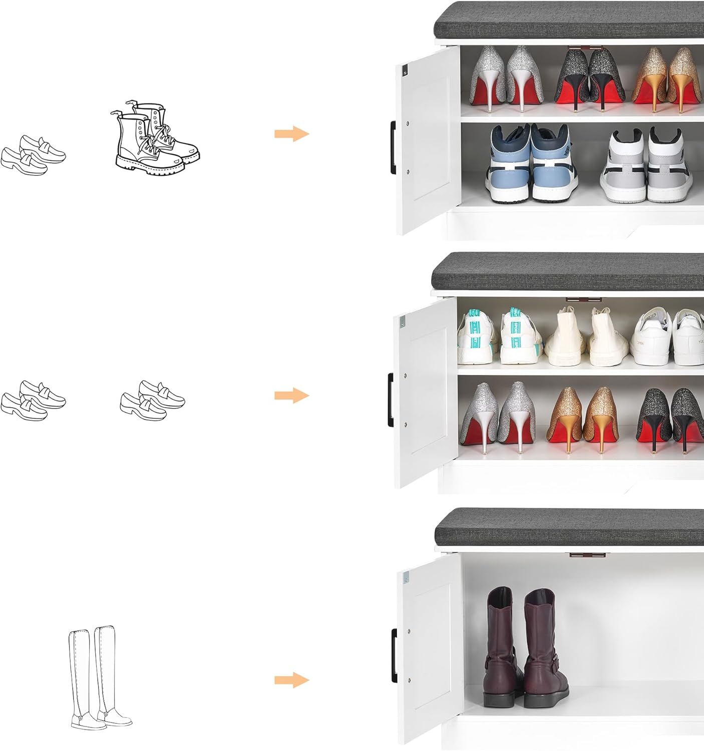 2-Tier Storage Bench, Shoe Bench with Padded Seat Cushion, Entryway Bench with 4 Barn Doors, Adjustable Shelf, 13.8" D x 47.2" W x 17.7" H, for Entryway, Living Room, Bedroom, White