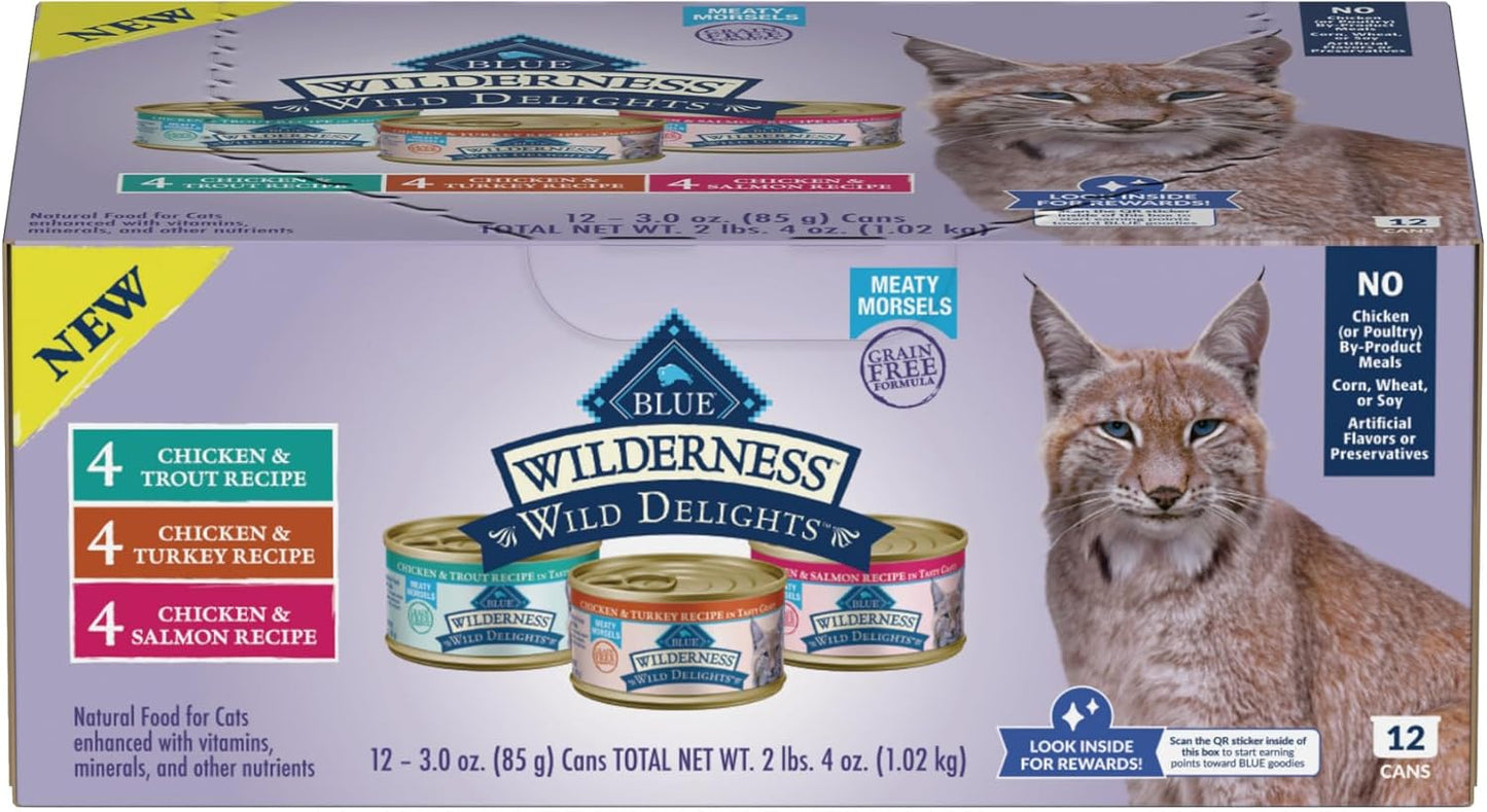 Blue Buffalo Wilderness Wild Delights High Protein Grain Free, Natural Adult Meaty Morsels Wet Cat Food, Ⲥhicken & Turkey, 𝙲hicken & Trout, 𝐂hicken & Salmon 3-oz cans (12 count - 4 of Each Flavor)