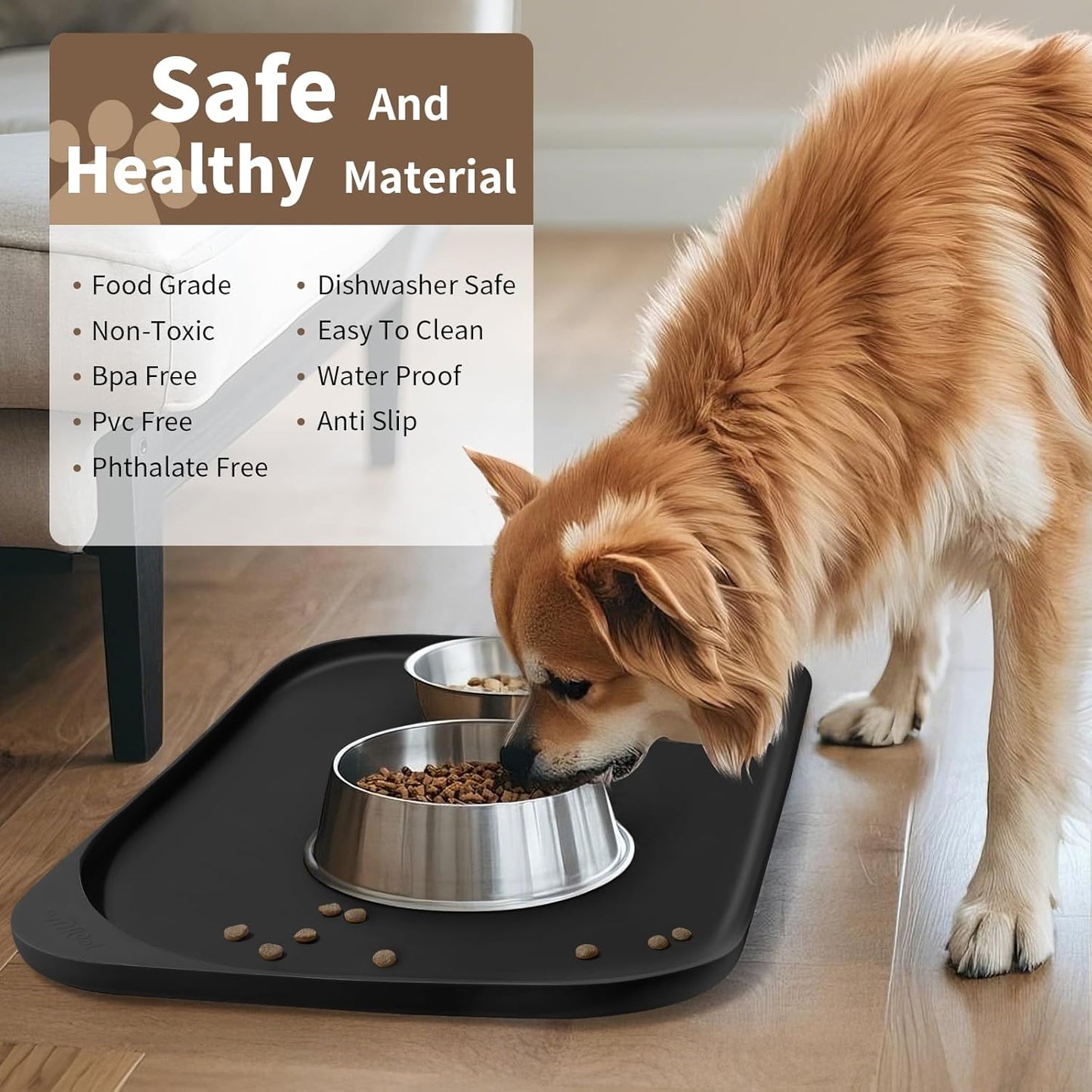 Silicone Pet Feeding Mat with Raised Edge & Residue Collection Pocket for Food and Water, Dog Bowl Mats, Cat Bowls Placemat with High Lip for Floor Waterproof, 22 x 14 x 0.8 Black