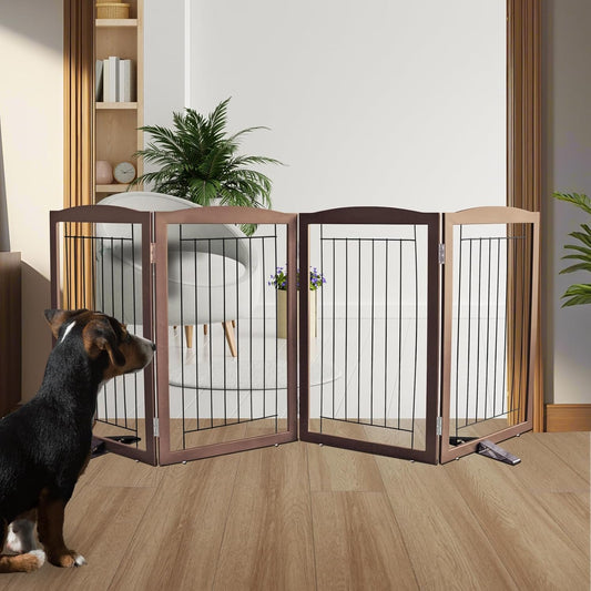 ZJSF Freestanding Dog Fence Indoor, Foldable Dog Gate for Doorways, Stairs or Hallways, Sturdy Wood Extra Wide Pet Gate with Support Feet for The House, Brown, 32 "Height-4 Panels