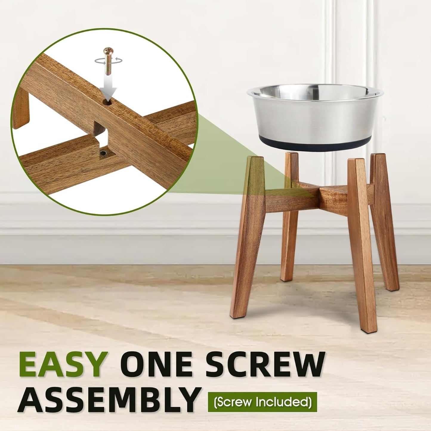 Solid Acacia Hardwood Elevated Dog Bowl Stand, Raised Feeder for Medium & Large Dogs, Fits up to 9″ Bowls, Improves Posture and Reduces Neck Strain, Stand Only