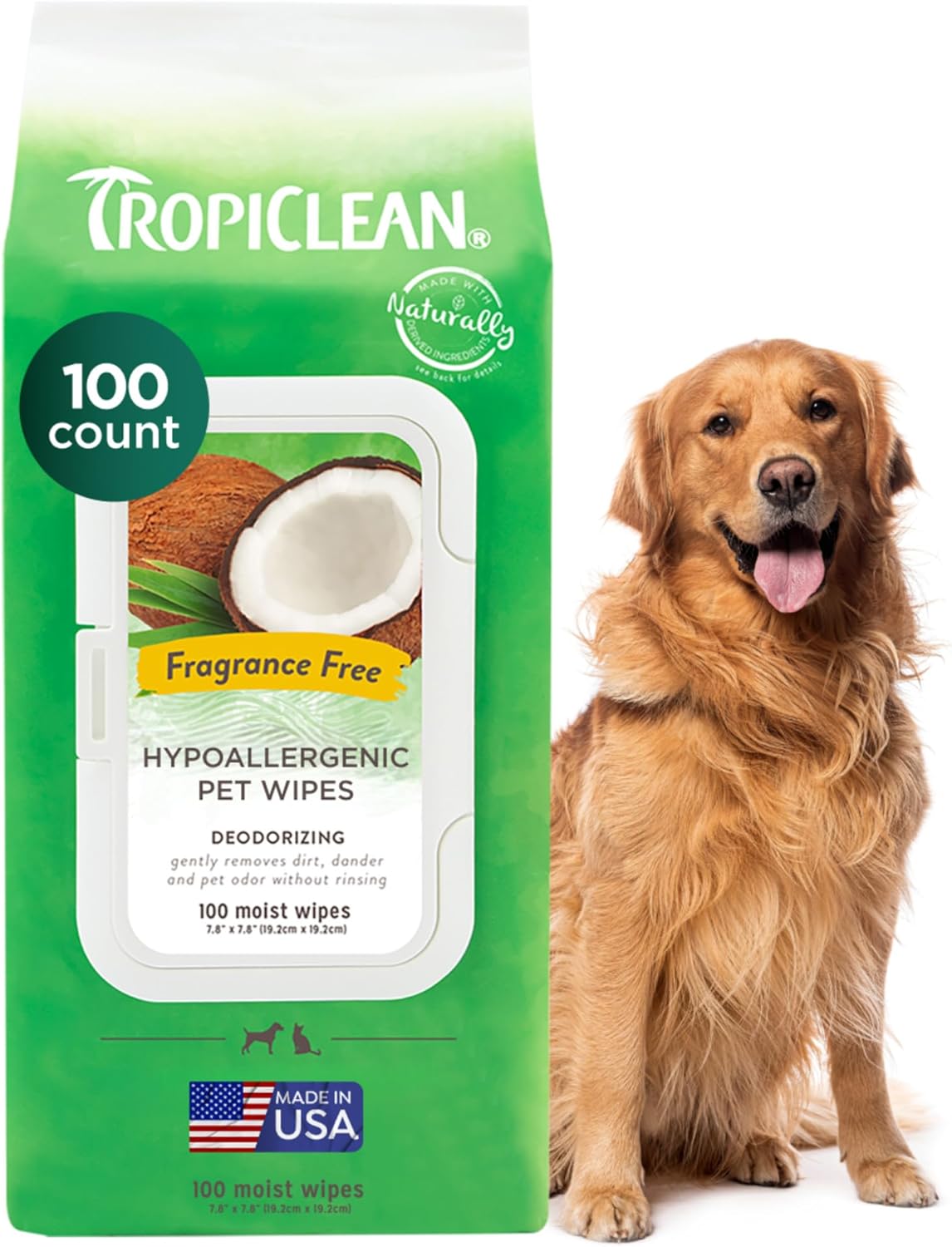 TropiClean Hypoallergenic Cleaning Pet Wipes, 100ct - Wipes for Dogs, Cats, Puppies & Kittens with Sensitive Skin - Gently Removes Dirt & Dander - Fragrance Free