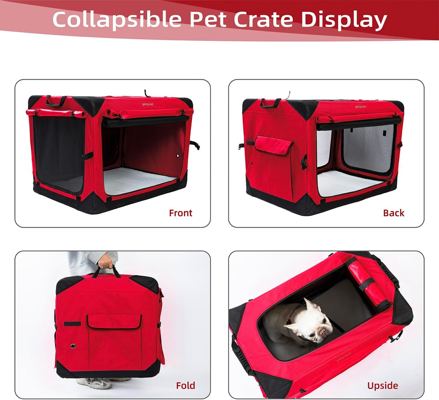 Pettycare 42 Inch Collapsible Dog Crate with Curtains Travel Dog Crate for Airflow and Calm Soft Pet Kennel with Portable Bag and More Chew Proof Mesh Indoor & Outdoor Red 4 Door Curtains