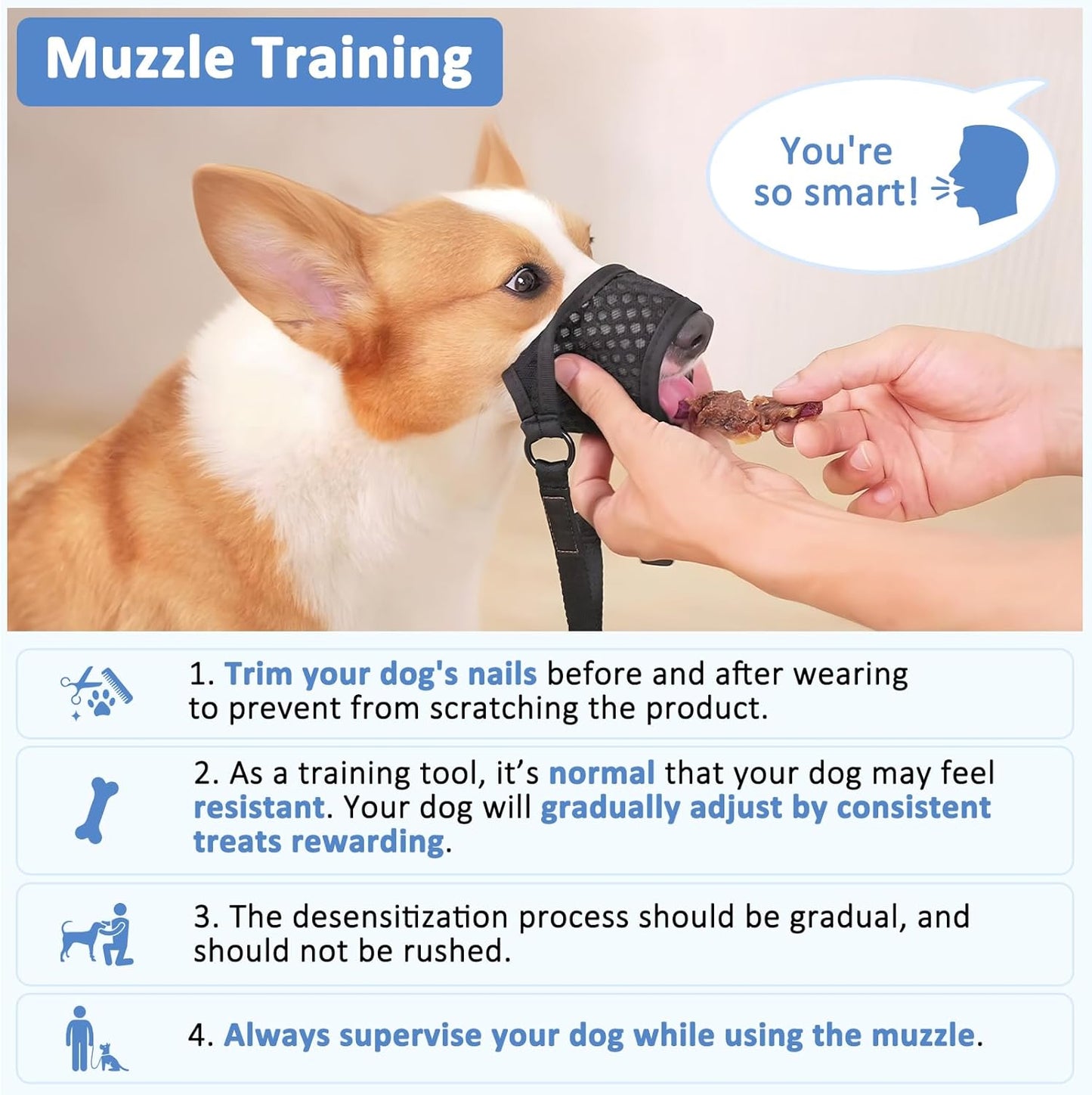 LUCKYPAW Dog Muzzle, Soft Muzzles for Large Medium Small Dogs to Prevent Biting Chewing with Ring and Adjustable Strap for Vet Visit Training (Blue, S)