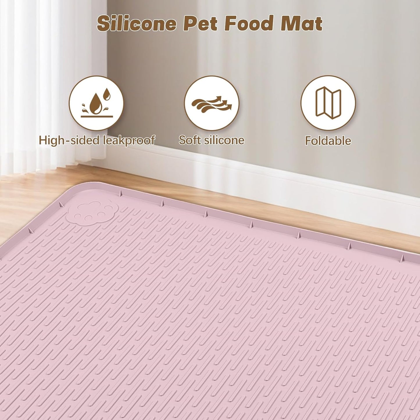 Cat Food Mat, 40" x 28" Extra Large Silicone Pet Feeding Mat with Raised Edge Pet Placemat for Food and Water Bowl Non-Slip, Easy to Clean, Floor Protection (Pink)