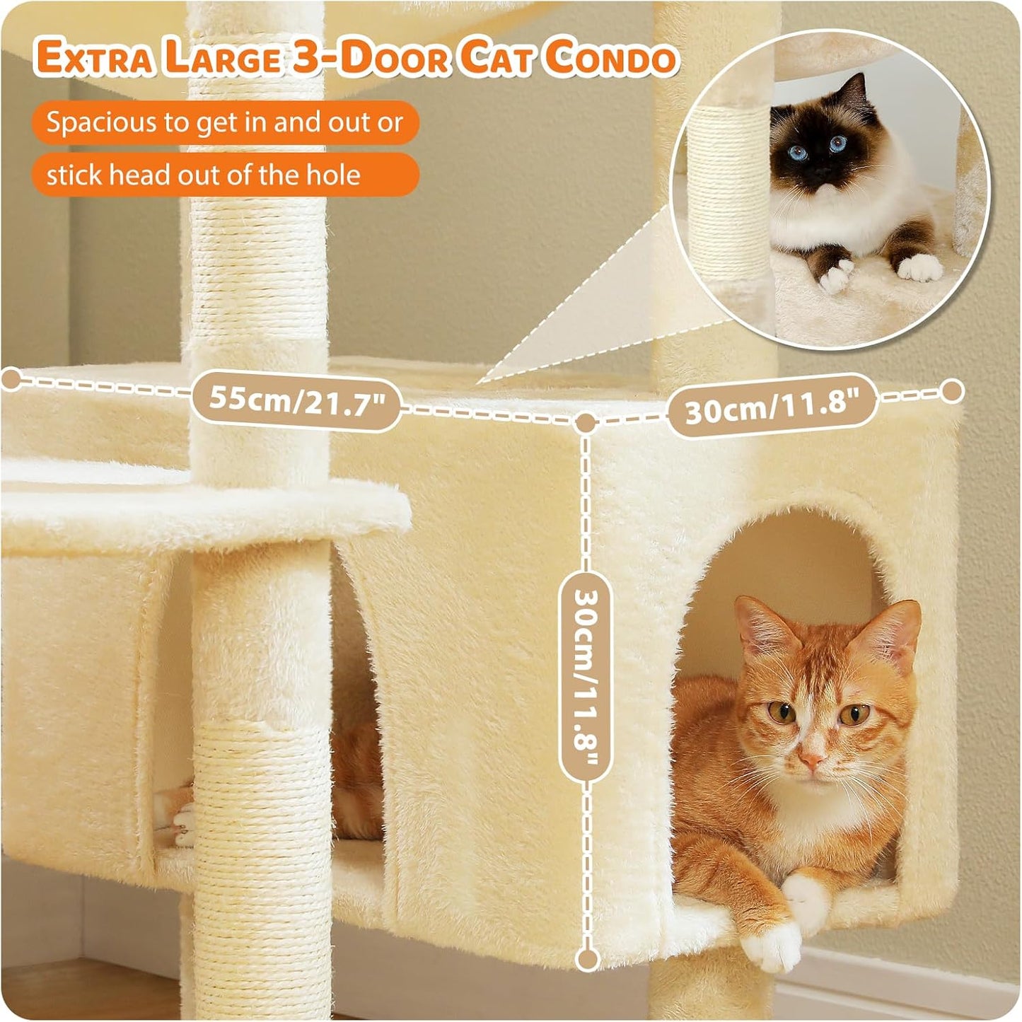 PAWZ Road Heavy Duty Cat Tree for Large Cats, 81 Inches Tall Cat Tower with 2 Perches, 2 Condos and Spacious Hammock, XL Extra Large Condo with 7 Scratching Posts for 20lb+ Adult Cats,Beige