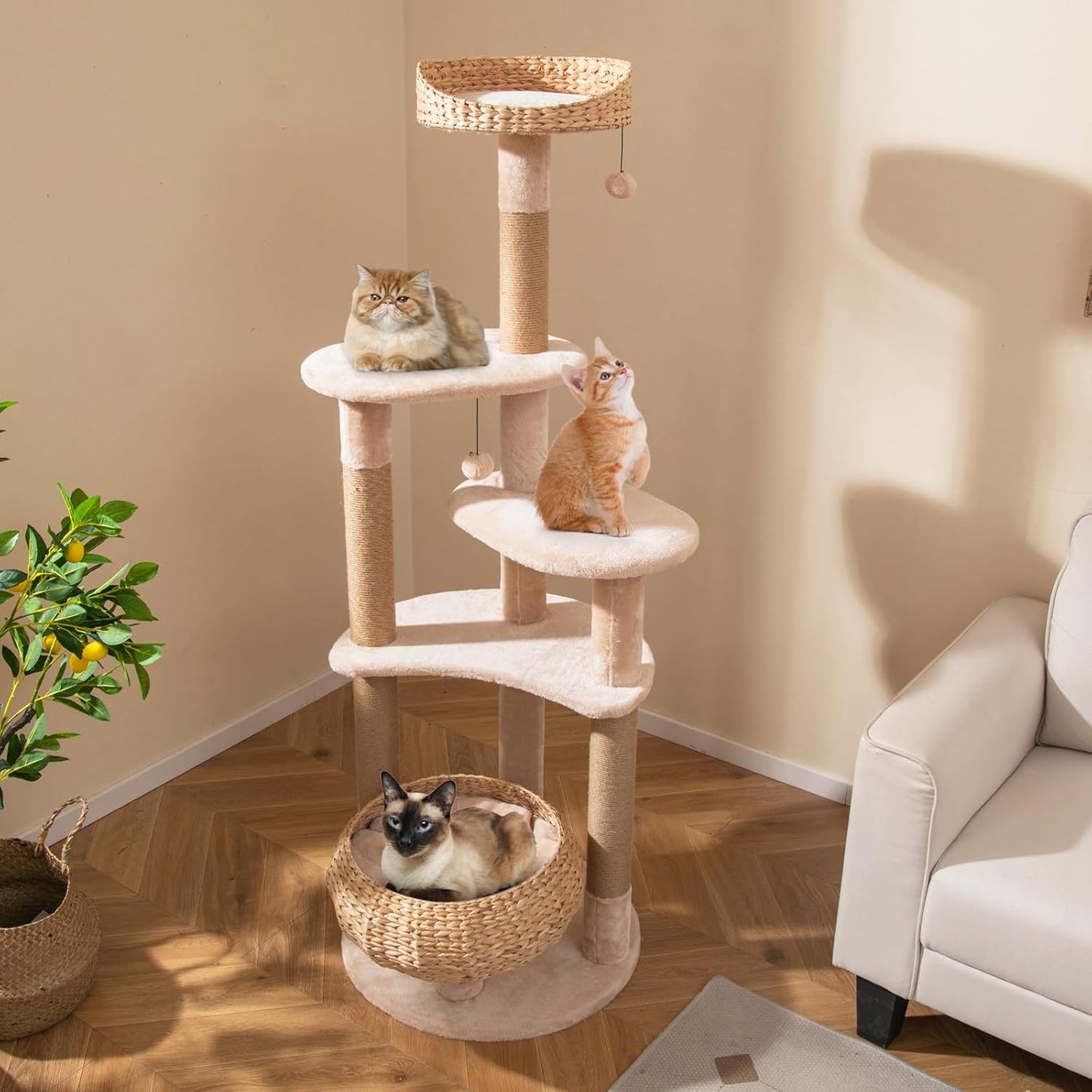 PETSITE 65 inch Cattail Cat Tree Tower, Multi-Level Cat Tower with Natural Jute Scratching Posts, Cat Bed, Top Perch, Dangling Balls and Jumping Platforms, Modern Tall Cat Tree for Indoor Cats