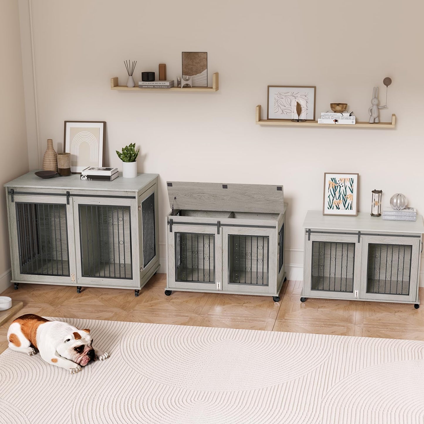 IchbinGo Large Dog Crate Furniture, 47" Wooden Dog Kennel with Sliding Barn Door, Flip-Top Lid & Wheels, Indoor Pet Crate Table with Detachable Divider for Small/Medium/Large Dogs (Rustic Grey)