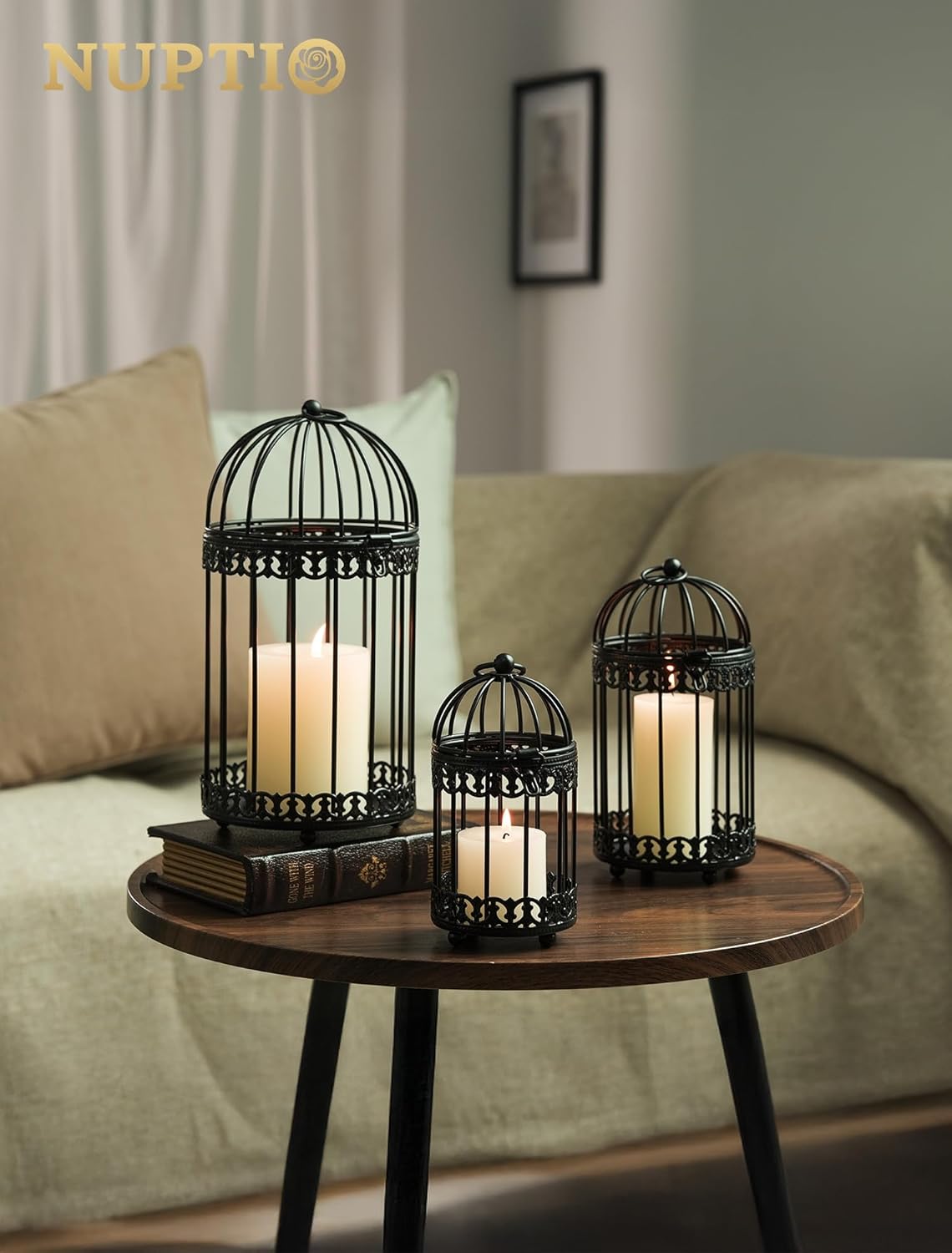 NUPTIO Black Decorative Bird Cage: Birdcage Hanging Lantern for Pillar Candles - Vintage Bird Cages Candle Holders for Halloween Christmas Table Centerpiece 7.7 Inch H