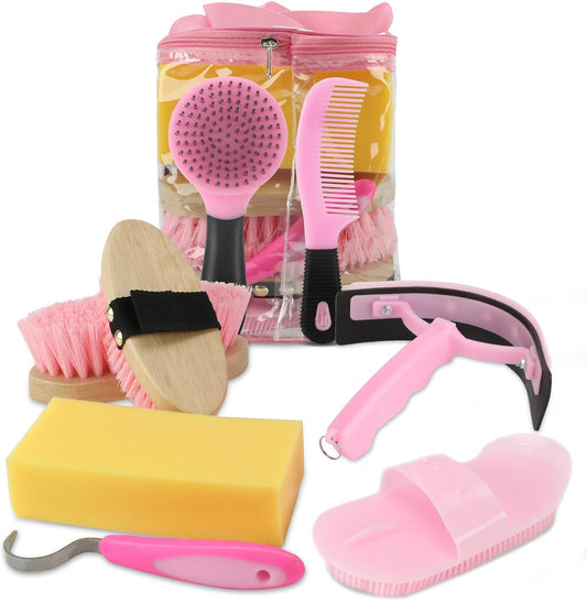 Horse Grooming Kits, 9 Pieces Pink, Includes Tote Bag, Bathing Supplies Sweat Scraper Bathing Sponge, Hoof Pick, Curry Comb for Horse Riders Beginners
