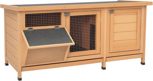 PawHut Wooden Rabbit Hutch Bunny Hutch Cage Guinea Pig with Waterproof Roof, No Leak Tray and Feeding Trough, Indoor/Outdoor, Natural