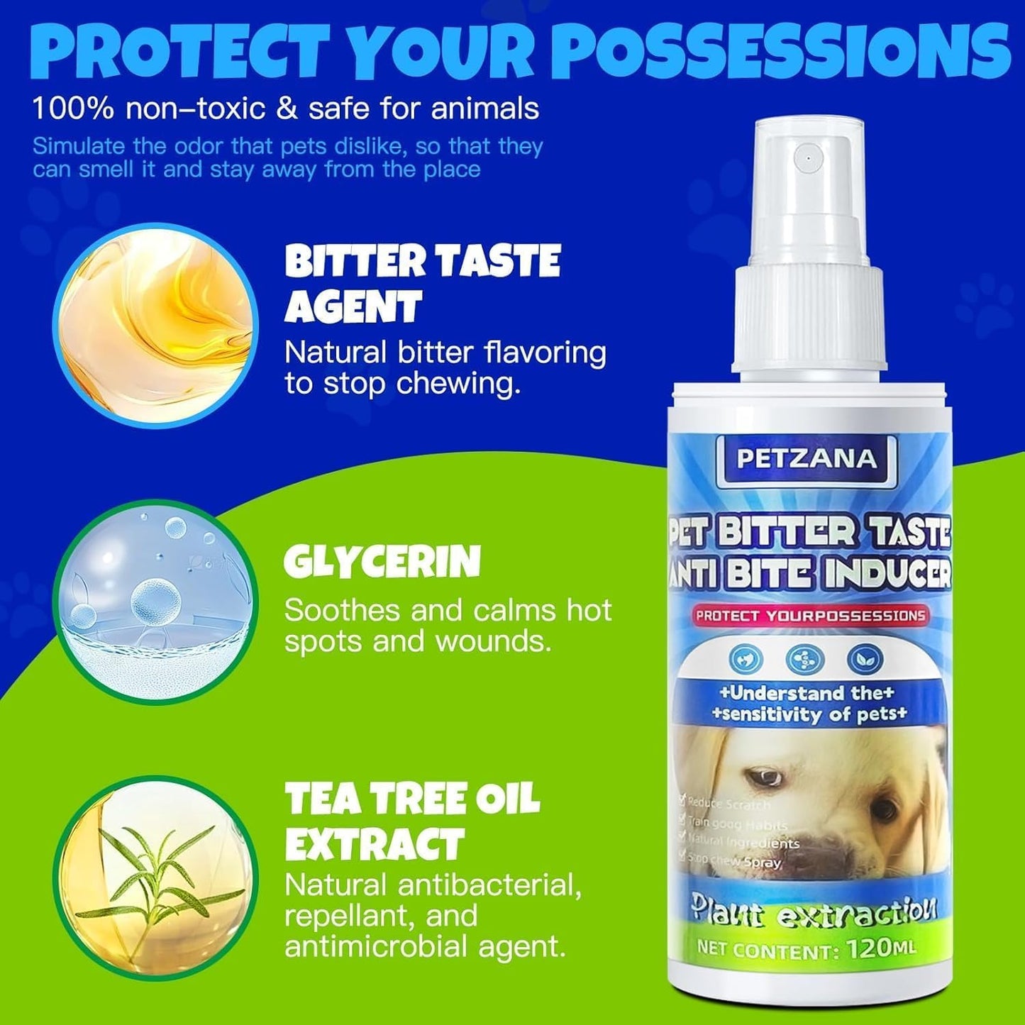 Bitter Apple Spray for Dogs: 100ML Natural Alcohol-Free Bitter Spray for Dogs to Stop Chewing Licking, Deterrent Spray for Puppy Training Protect Furniture, Shoes, Cords Indoor/Outdoor Use (100ML)