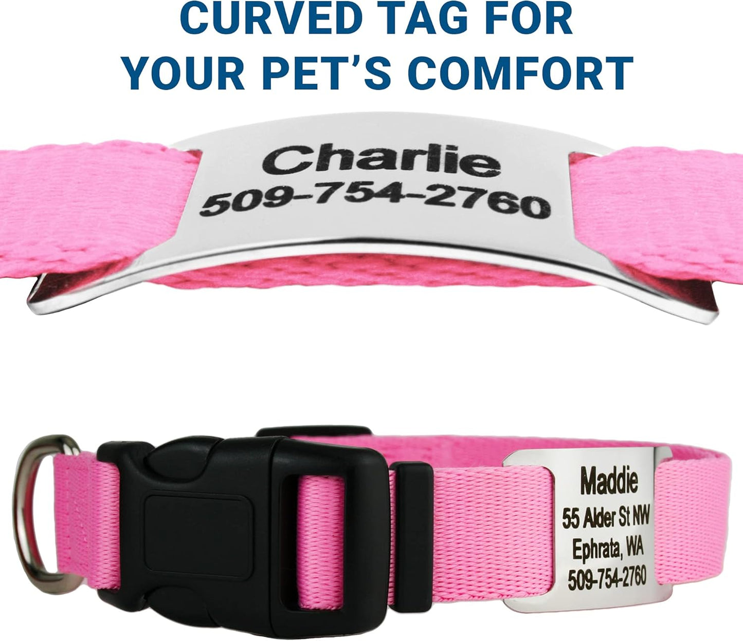 GoTags Personalized Dog Collar with Nameplate, Adjustable Dog Collar with Custom Engraved Slide On Pet ID Tag in Stainless Steel, Silent, No Noise Dog Tag for Large Medium and Small (Pink, Large)