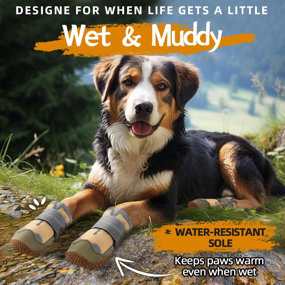 Dog Shoes for Large Dogs, Medium Dog Boots & Paw Protectors for Hardwood Floors, Outdoor Dog Booties for Hot Pavement Winter Snow Hiking, Waterproof Dog Shoes with Reflective Strips Size 6