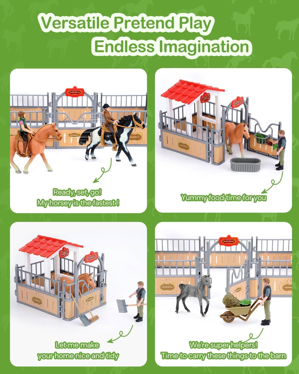 Horse Stable Playset, Horse Gifts for Girls and Boys with 3 Horses and 2 Riders, Horse Toys Set Farm Animals Toys for Kids 3 4 5 6 7 8+ (New Model), Green