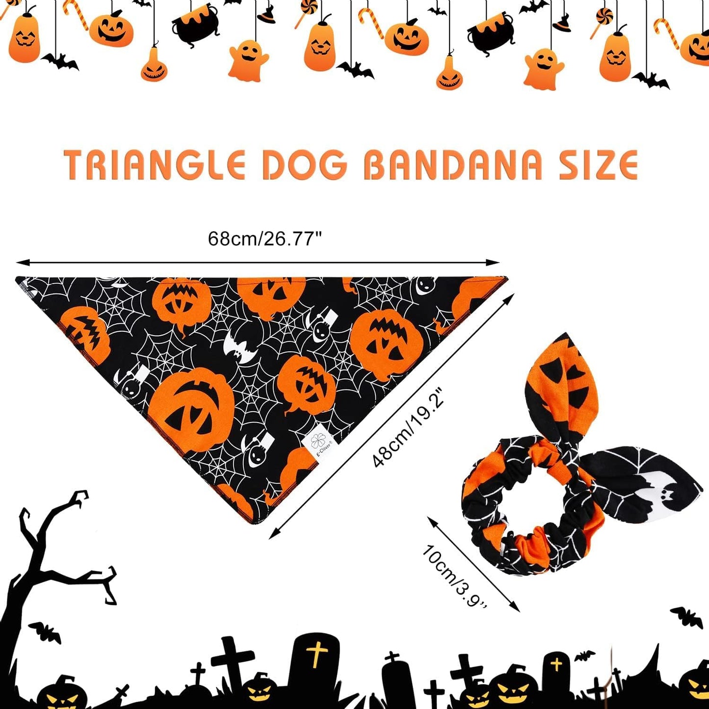 E-Clover Halloween Dog Bandanas-Pumpkin Dog Bandana Matching Scrunchie Triangle Pet Kerchief Scarf for Small Medium Large Dogs Pet Black