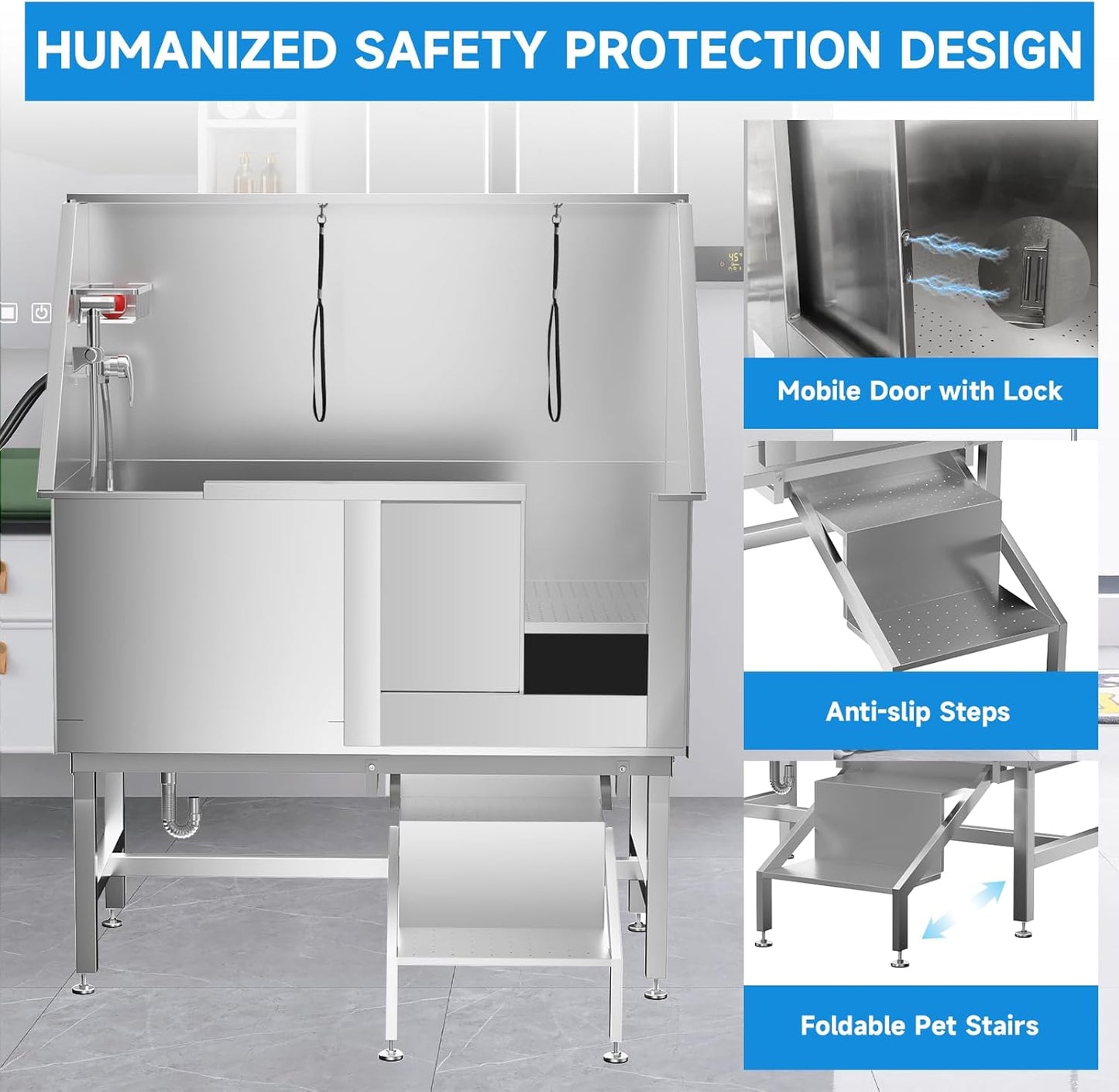 Dog Washing Station 50" Dog Grooming Tub with Right Stair& Faucet, Stainless Steel Dog Bathing Station for Home,Dog Bathtub for Large,Medium,Small Pets