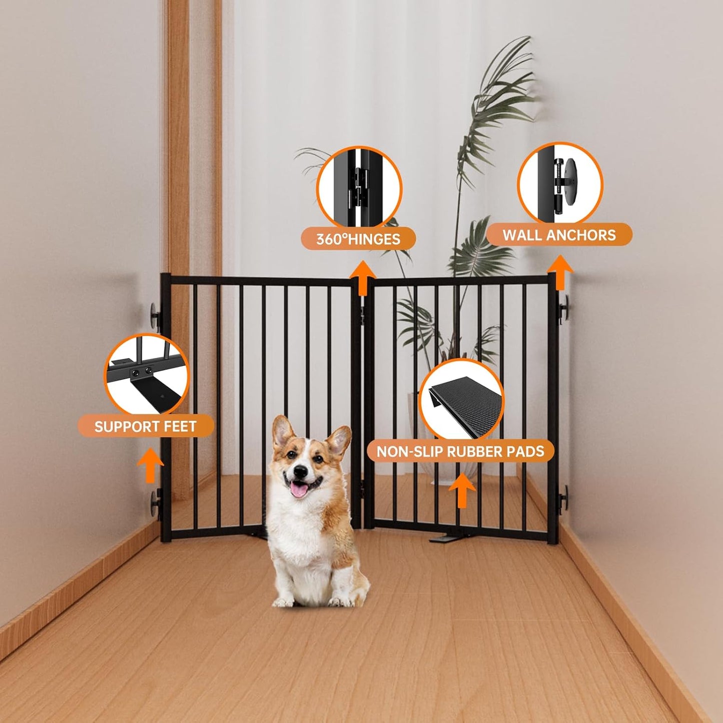 Full Metal Freestanding Dog Gate with Door, 24'' Height Foldable Pet Dog Fence for Indoor & Outdoor, 2 Panels Extra Wide Free Standing SmallDog Gates for Doorways,House,Stairs,Porch,Deck,Yard