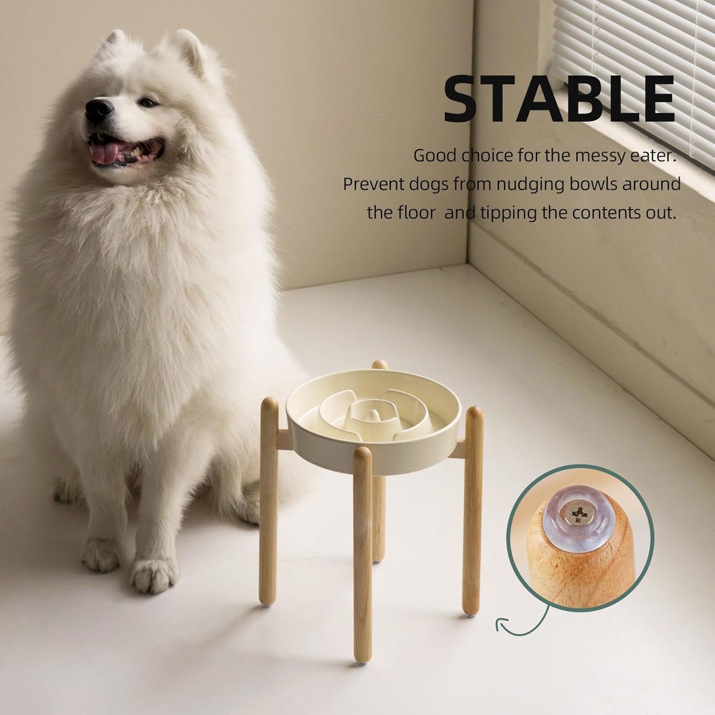 9.5inch Ceramic Raised Slow Feeder Dog Bowl Set, Elevated Bowl with Wooden Stand for Large Dog, Puzzle Slow Pet Food Dish, Anti-Gulping(Beige, Single Bowl+ Stand)