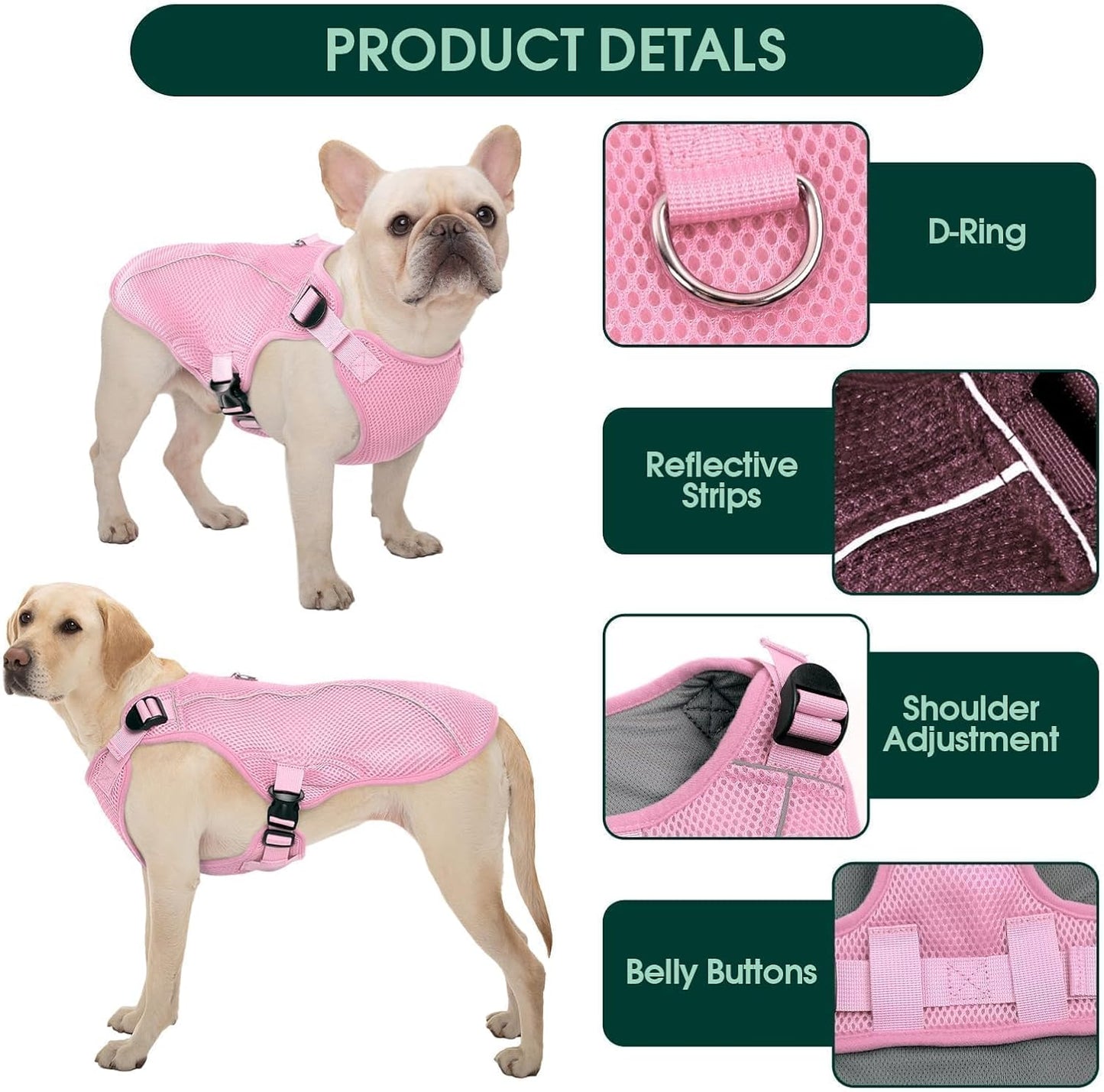 Kuoser Dog Cooling Vest for Large Dogs, Lightweight Doggie Cooler Jacket Breathable Mesh Pet Cooling Shirts Reflective Puppy Cool Harness for Beach, Hiking, Walking Pink XL