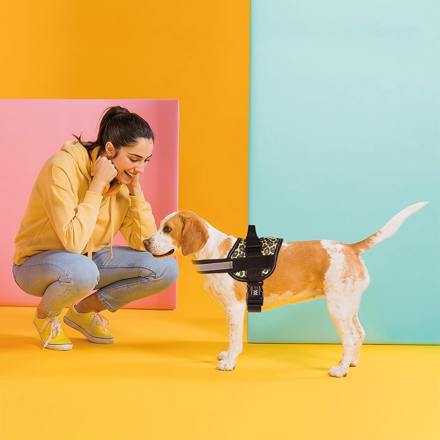 Dogline Dog Harness, Reflective No-Pull Adjustable Vest with Handle for Walking, Training, Breathable, No - Choke Harness for Small, Medium or Large Dogs Room for Patches Leopard Brown L 27"-34"