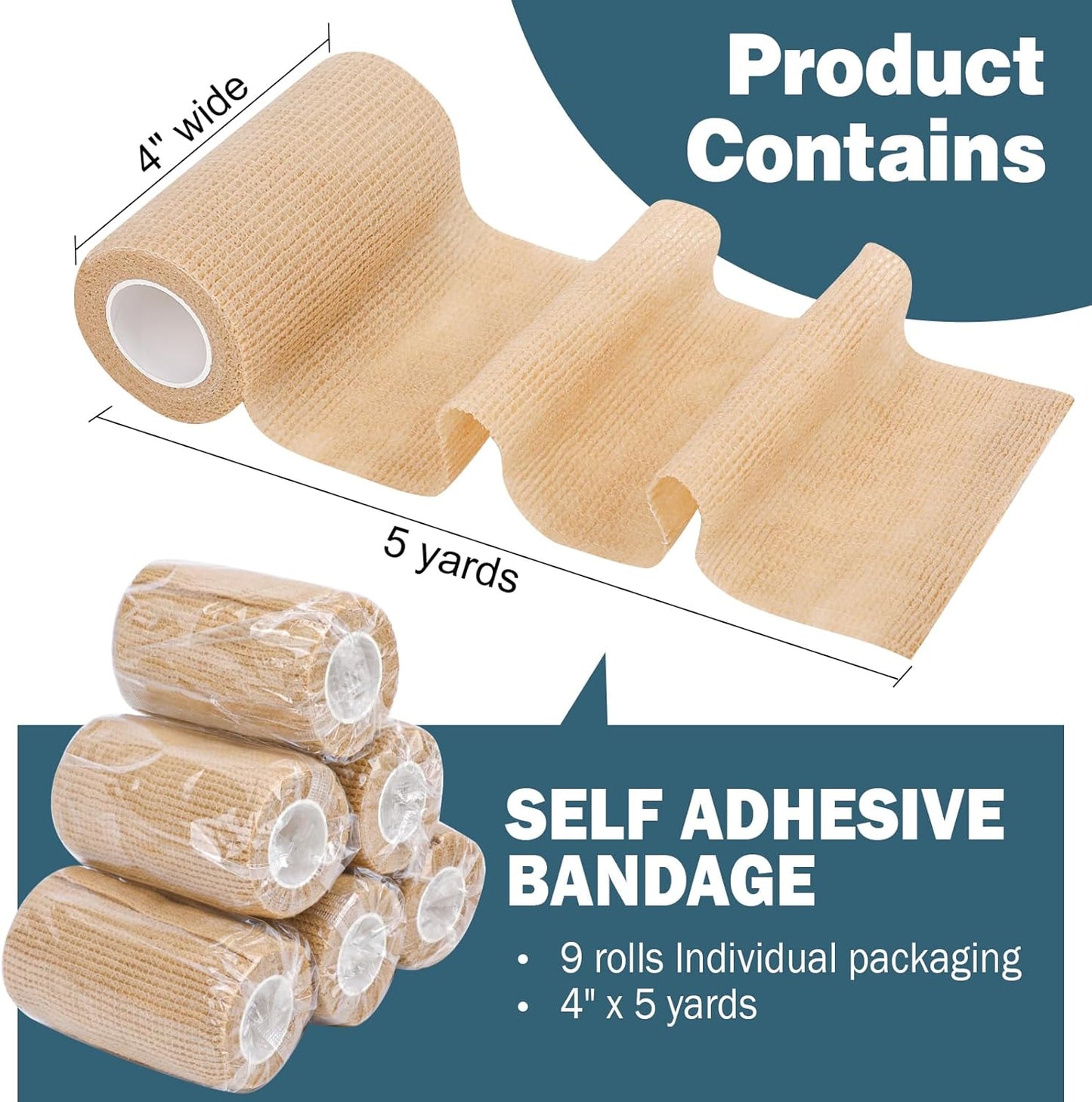 AZEN 9 Pack Self Adhesive Bandage Wrap, 4" X 5 Yards Elastic Cohesive Bandage Wrap, Skin Color Athletic Tape, Ankle Tape, Tattoo Grip Tape Wrap, Vet Wrap
