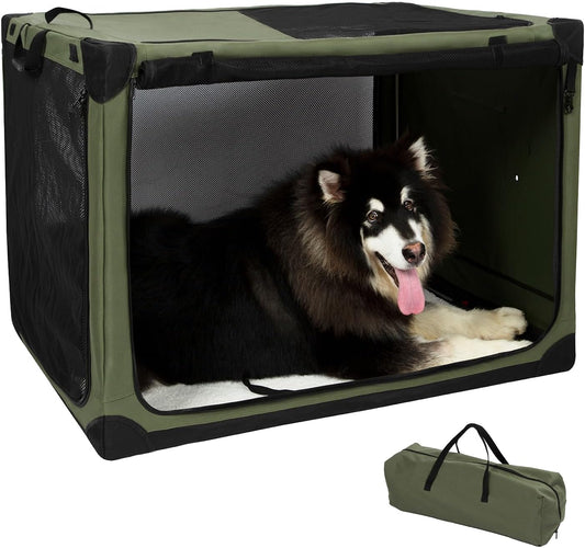 Pettycare Portable Travel Dog Crate 4-Door Soft Sided 42 Inch Collapsible Dog Crate with Curtains Durable Mesh Foldable Pet Kennel Soft Crates for Large Dogs Indoor & Outdoor Olive Green