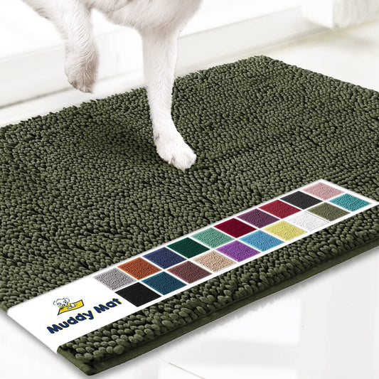 Muddy Mat® Original Dog Door Mat for Muddy Paws, Super Absorbent Microfiber, Non-Slip Washable Pet Rug, Quick Dry Chenille Entryway Carpet, Machine Washable Indoor Outdoor mat, Army Green 19"x30"
