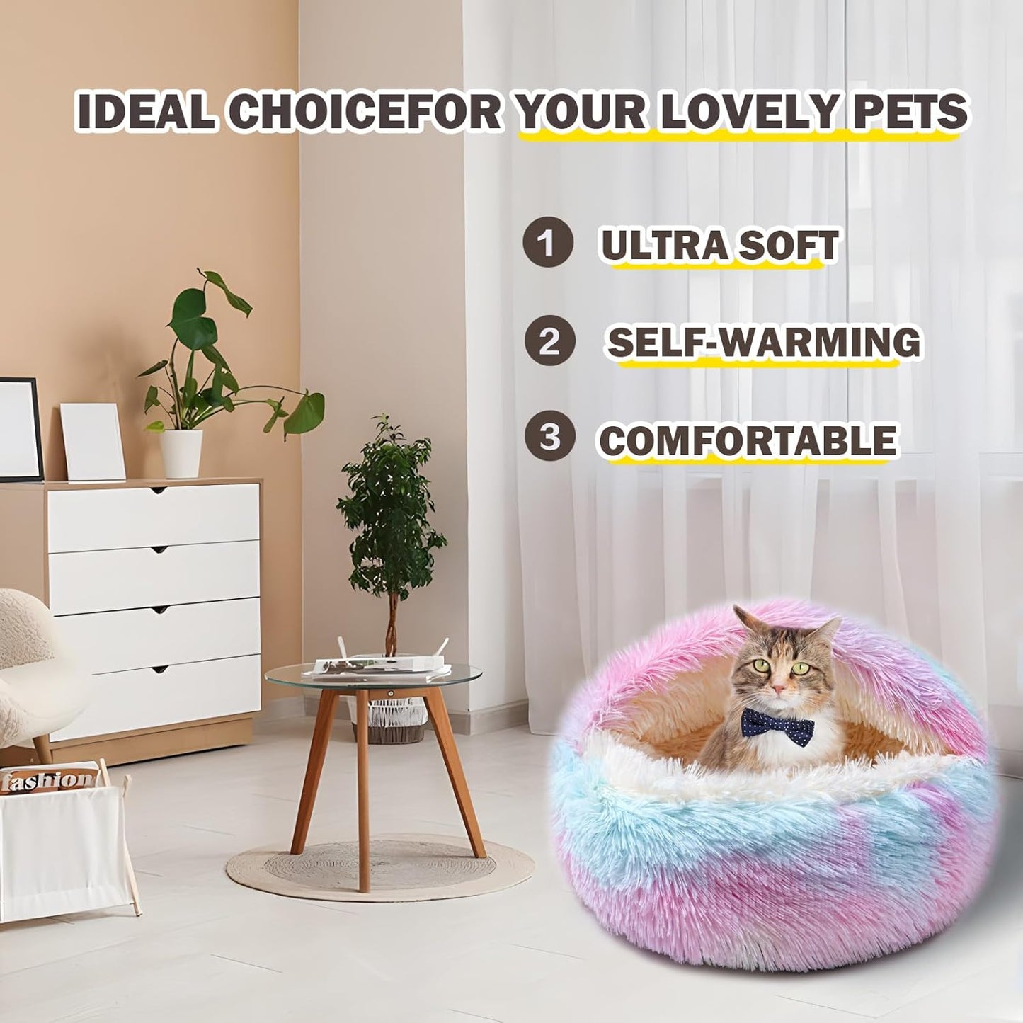 Cat Bed for Indoor Cats, Calming Cozy Cave with Self-Warming Plush, Entire Bed Machine Washable & Anti-Slip Base, Breathable Pet Bed for Small Cats&Dogs All Seasons (Dazzling Colors, 20 * 20inch)