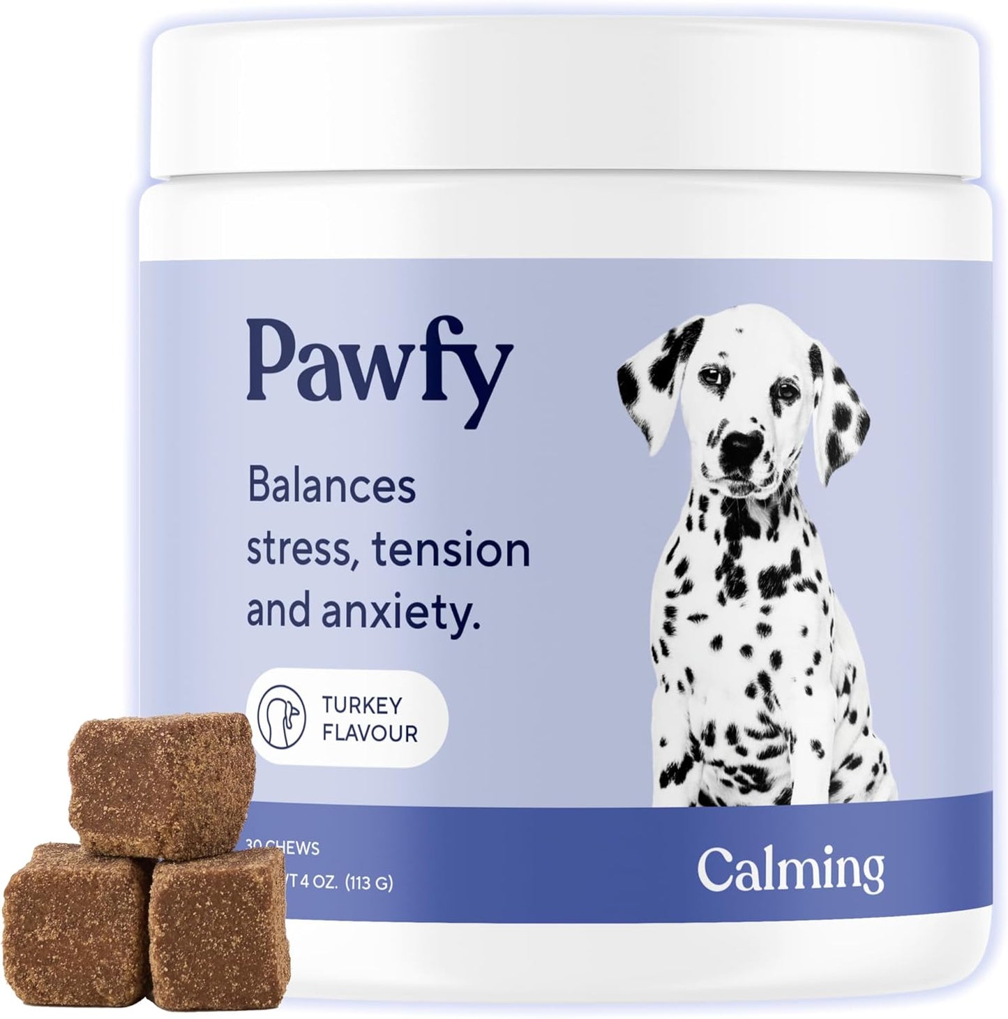 Pawfy Calming Chews for Dogs | Natural Dog Calming Chews - Supports Relaxation and Calm Behavior | Helps with Thunder, Separation, Chewing & Barking | Soothing Aid for Fireworks - 30 Turkey Treats