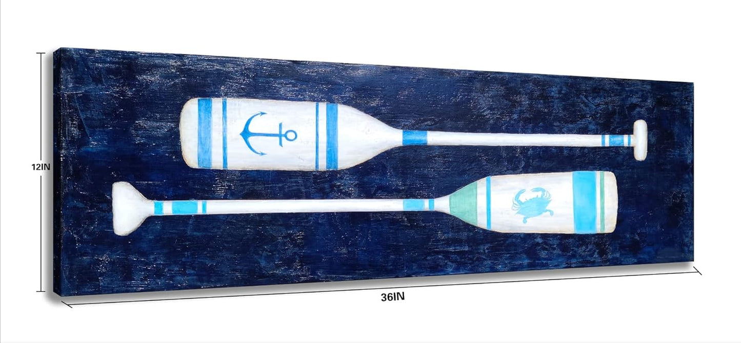 Yihui Arts Coastal Canvas Wall Art - Navy Blue and White Oar Painting for Bedroom Bathroom Decor