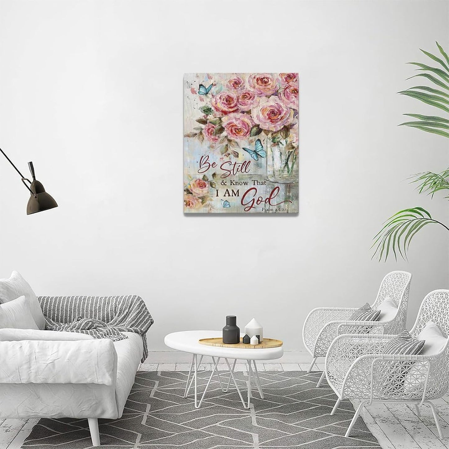 Farmhouse Rose Wall Art Christian Scripture Pictures Pink Rose Wall Decor Rustic Floral Butterfly Canvas Print Painting Artwork for Bathroom Living Room Bedroom 16"x20"