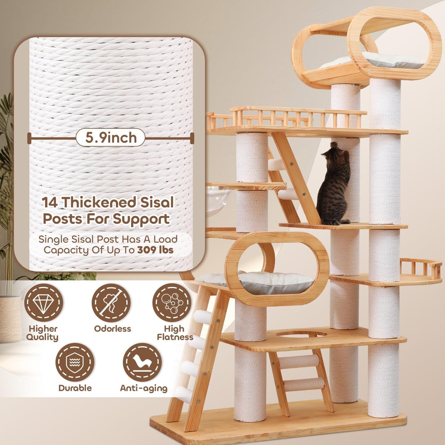 76.8'' Tall Modern Large Cat Tree,Multi-Level Wood Cat Tower for Indoor Cats Large Adults,Luxury Heavy Duty Cat Condo with Cushion,Scratching Posts,Clear Hammock Activity (76.8inch)